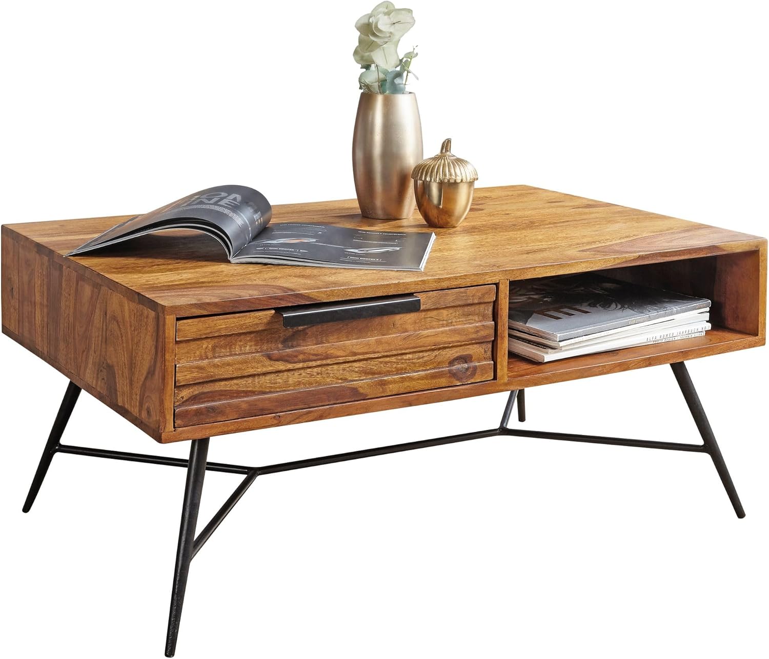 FineBuy Couchtisch Nishan 87 x 41 x 55 cm Sheesham Massiv Holz, Design Holztisch mit Stauraum und Schublade, Massivholztisch Wohnzimmer, Retro-Industrial Wohnzimmertisch mit Metallbeinen Braun
