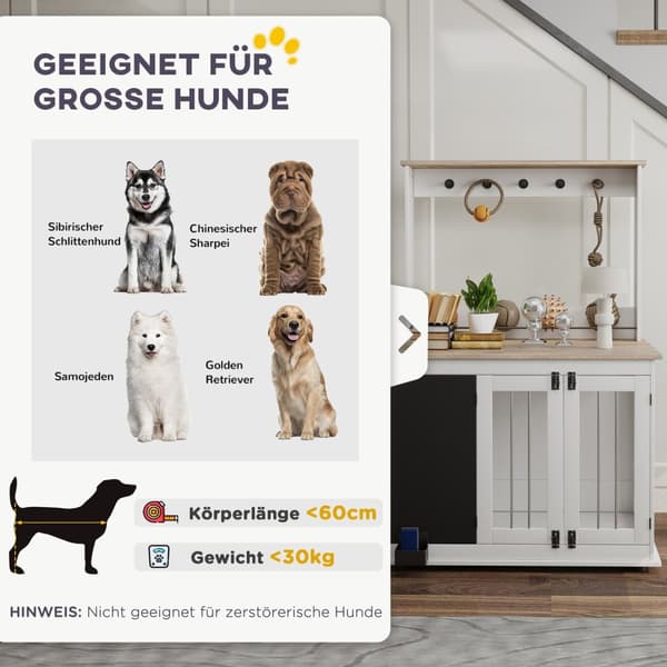 Hjem Hundebur Hundebur med 3 dører Lekeoppbevaringsstativ Hundehus med kroker Skrivebrett viskelær for store hunder Hvit