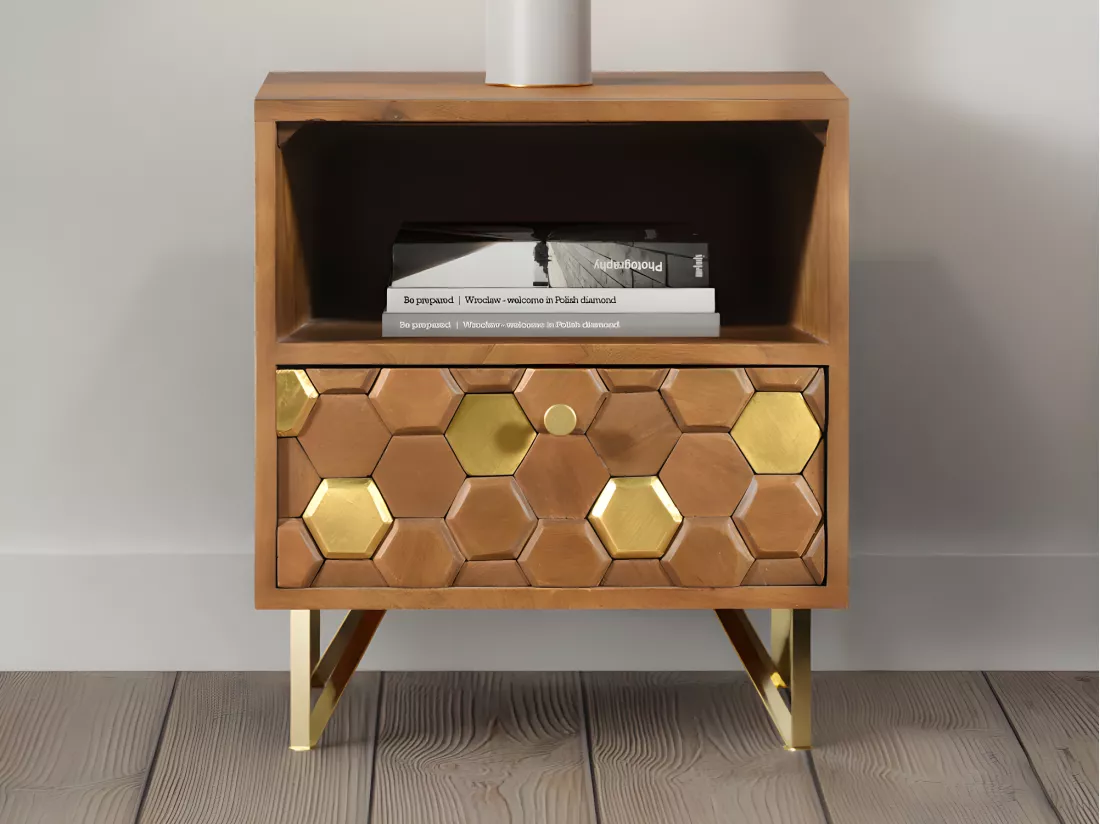 Table de chevet 1 tiroir et 1 niche - Bois de manguier et métal - Naturel et doré - BELORI
