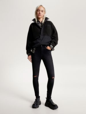 Calça jeans preta Sylvia High Rise Super Skinny com detalhes desgastados