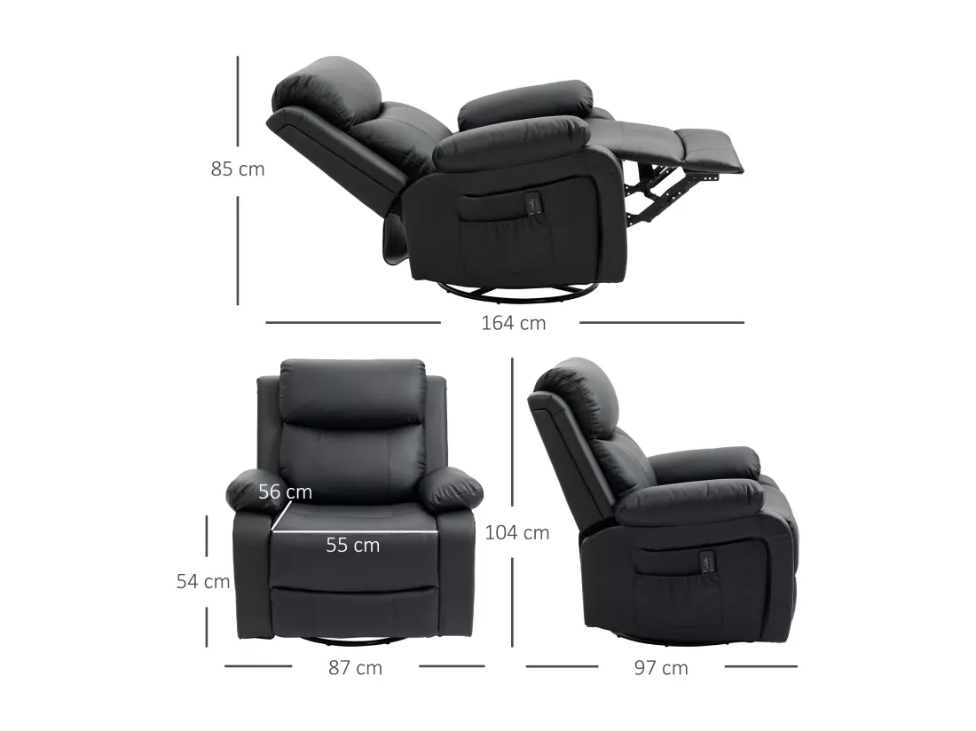 Fauteuil de massage et relaxation électrique inclinable pivotant repose-pied télécommande noir