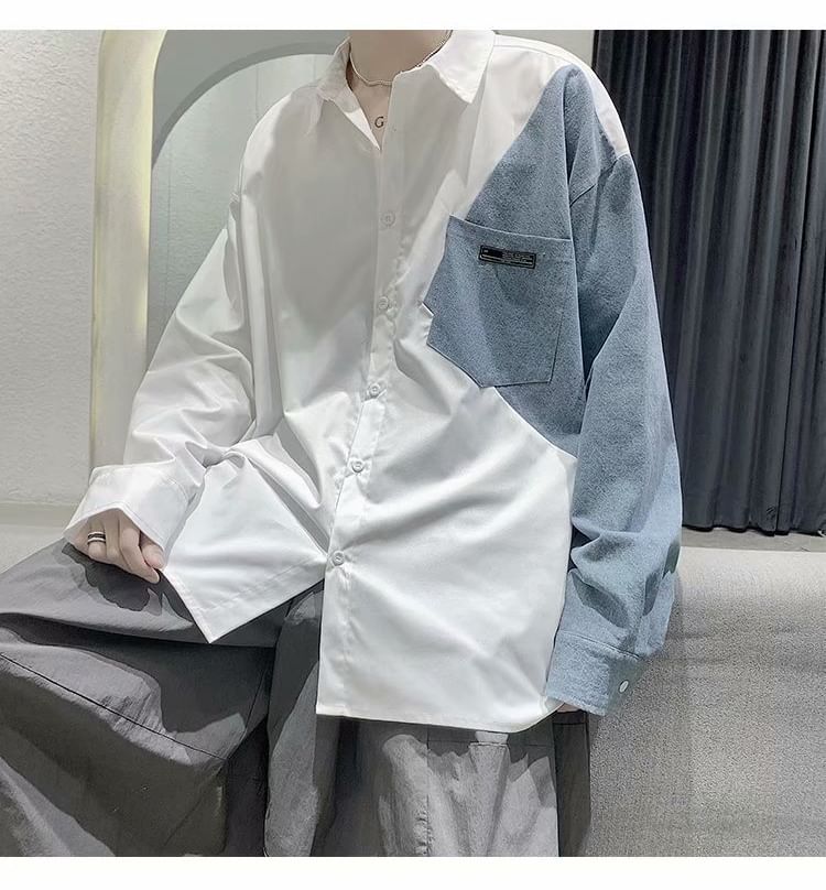 Kantereld - Lange mouwen patchwork gewassen denim overhemd met knopen