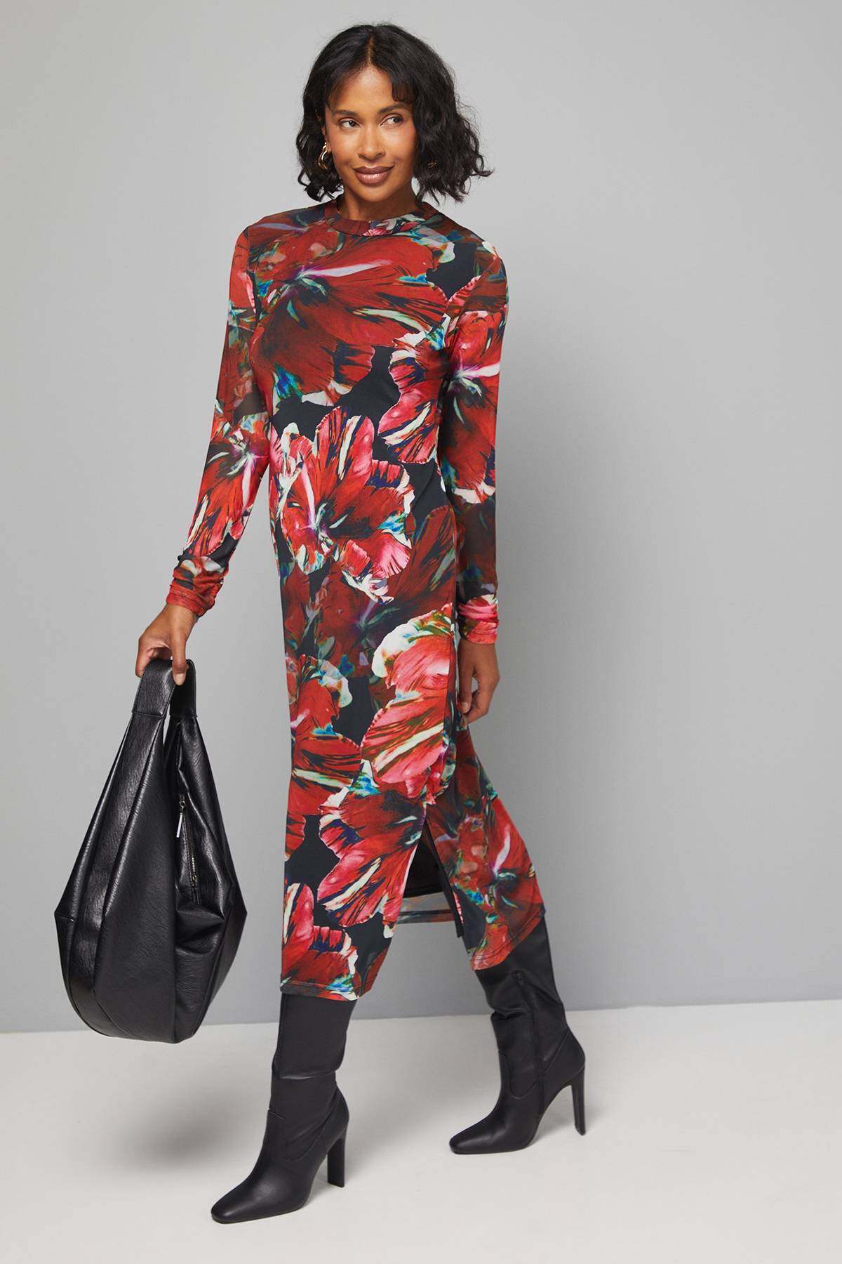 Wallis Robe Midi Noire à Col Montant en Mesh Floral