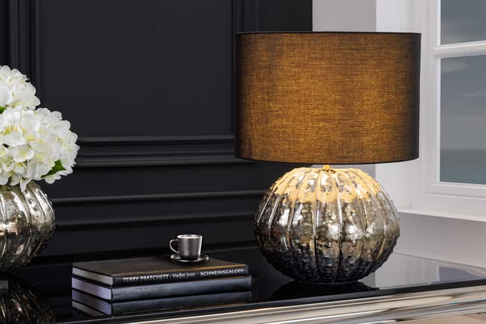 Design Tischlampe ABSTRACT 50cm silber schwarz Metall Stoffschirm handmade