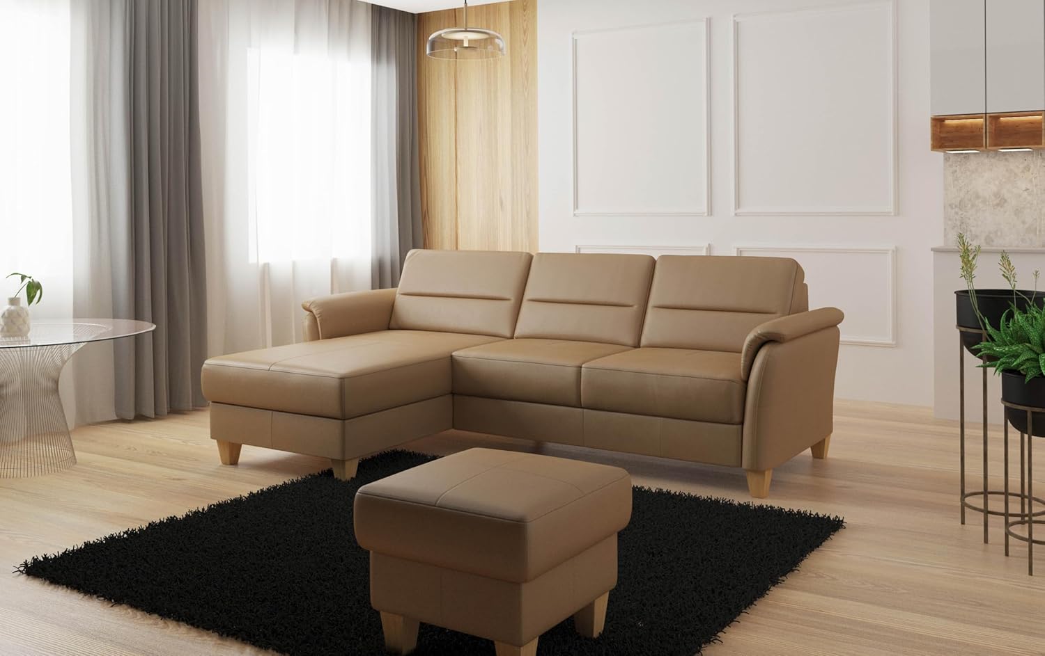 CAVADORE Leder-Ecksofa Palera mit Longchair / Landhaus-Couch mit Federkern + massiven Holzfüßen / 244 x 89 x 163 / Leder Beige