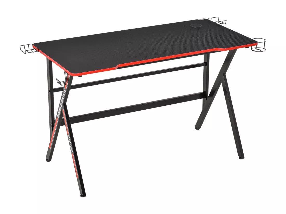 HOMCOM Bureau gaming racing bureau gamer bureau informatique bracket supports casque enceintes porte-gobelet métal plateau MDF texture carbone rouge noir