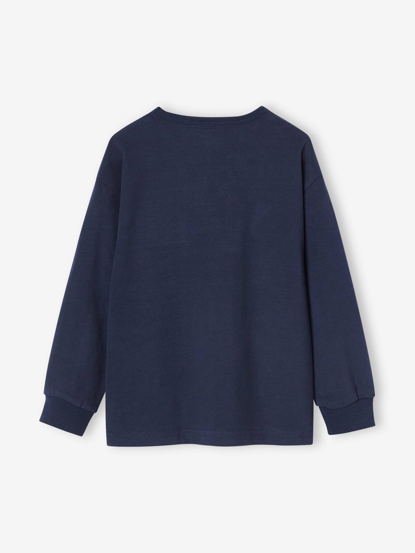 Camiseta infantil de tecido atoalhado grosso, azul marinho.
