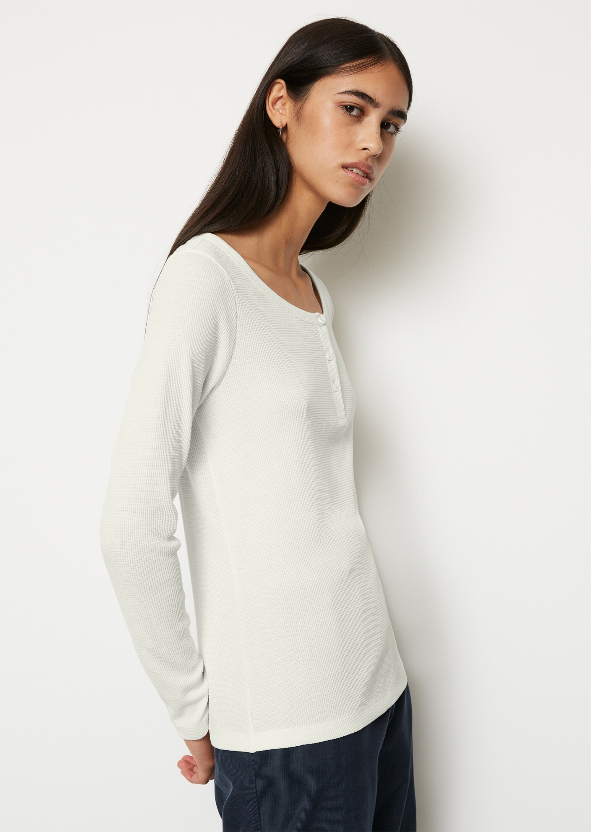 Serafino-Longsleeve regularaus Waffelpiqué-Jersey