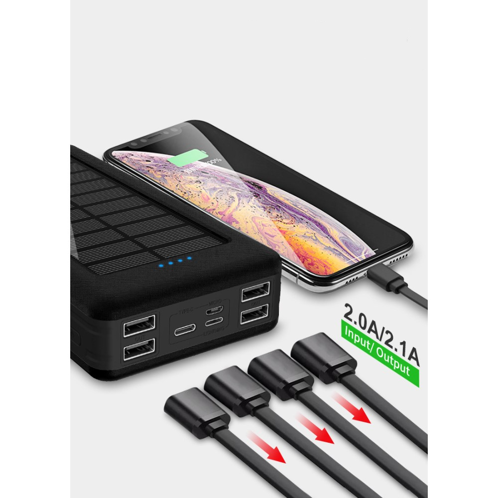 10000mAh Solar Powerbank mit 4x USB A Anschluss   LED Taschenlampe - Schwarz / Orange