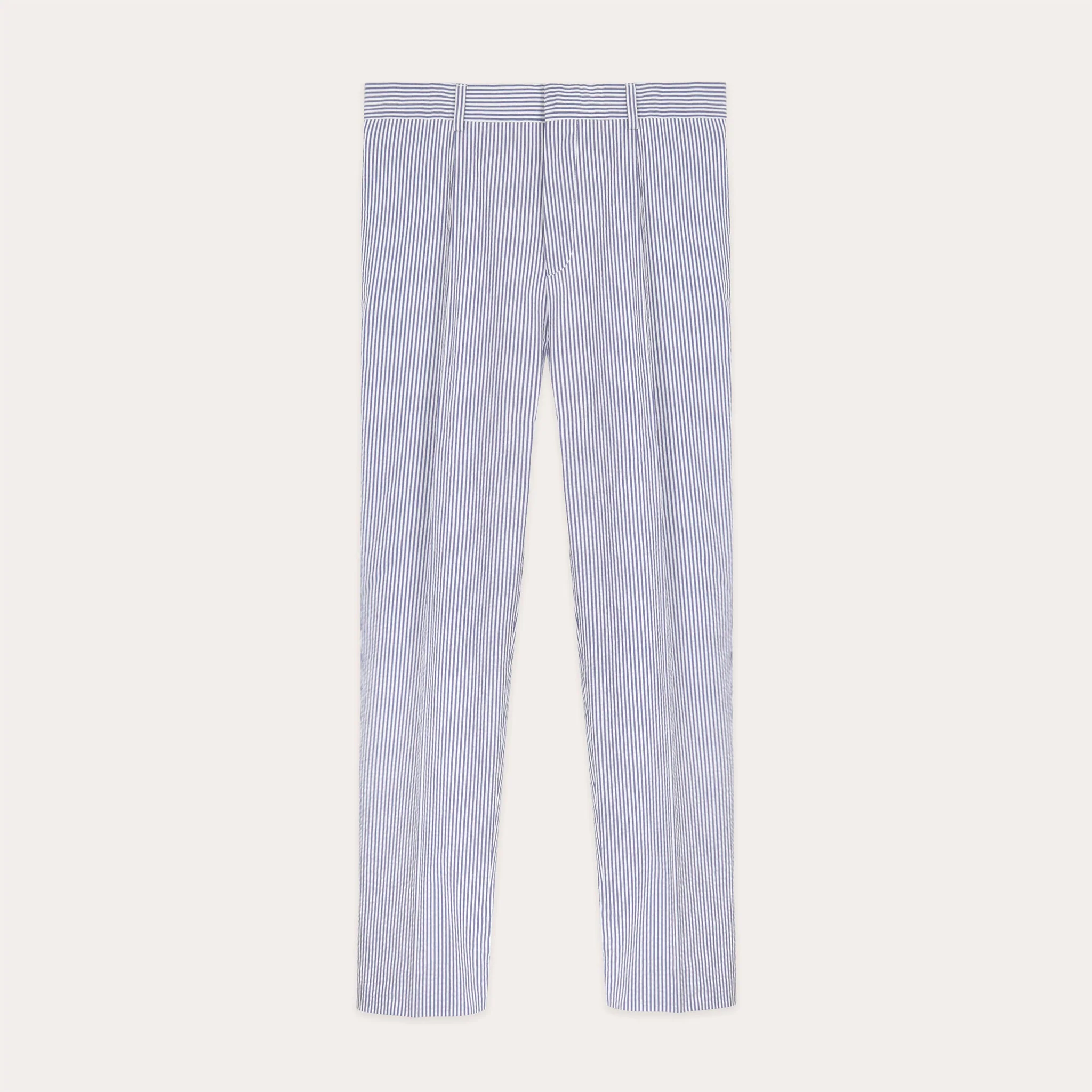 Blue Striped Seersucker Pleated Trousers