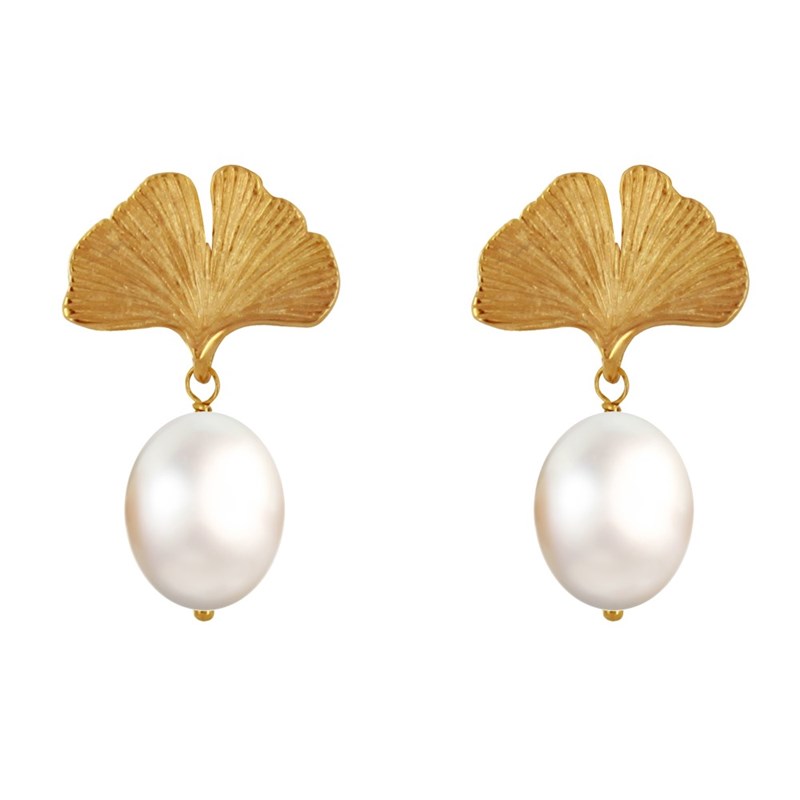 Boucles d'Oreilles Clous Plaqué Or Feuille de Ginkgo et Perle Blanche