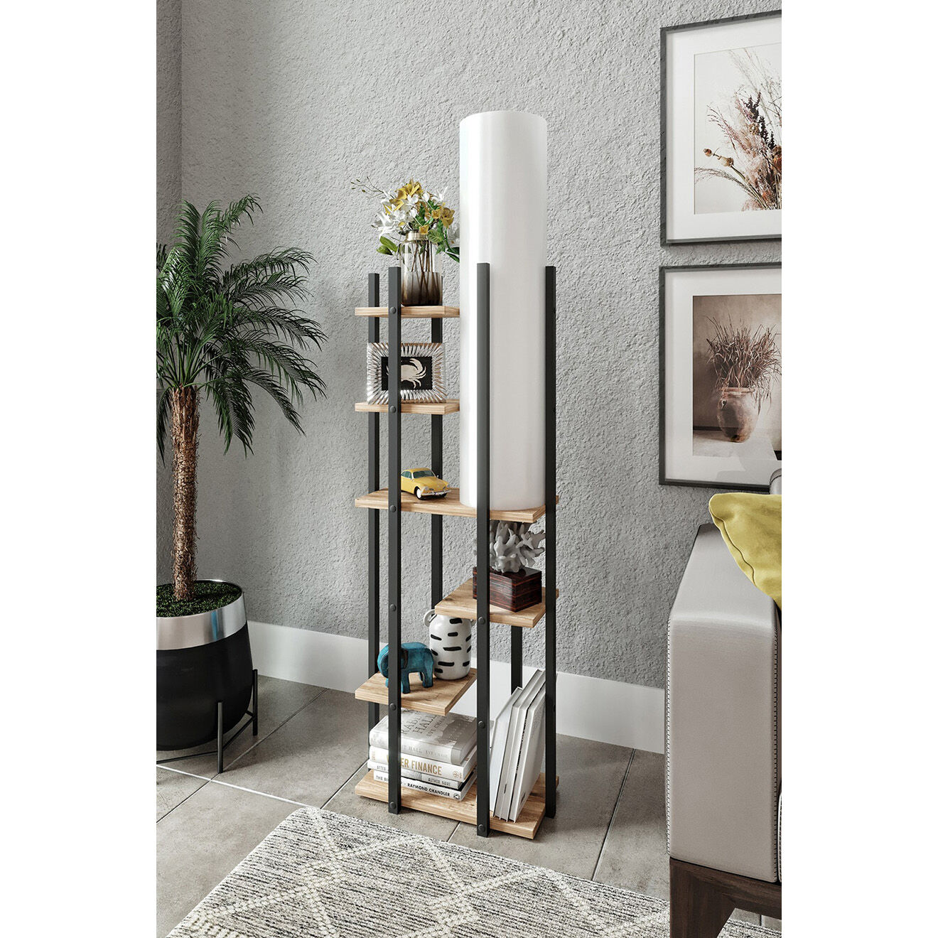 Sheen Lampadaire avec étagère Vogue noir/blanc/naturel - 45x25x160 cm