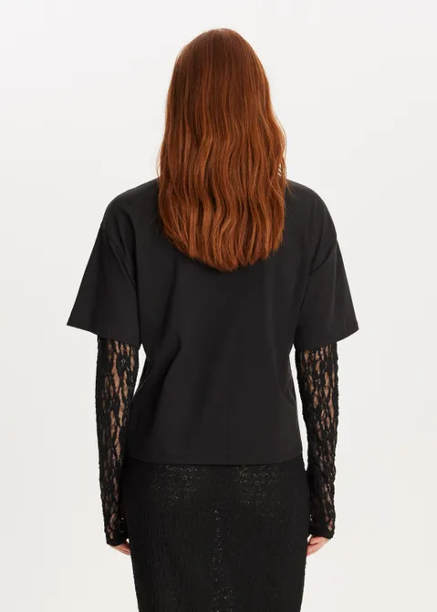 T-shirt met kanten mouwen zwart (ZWART)