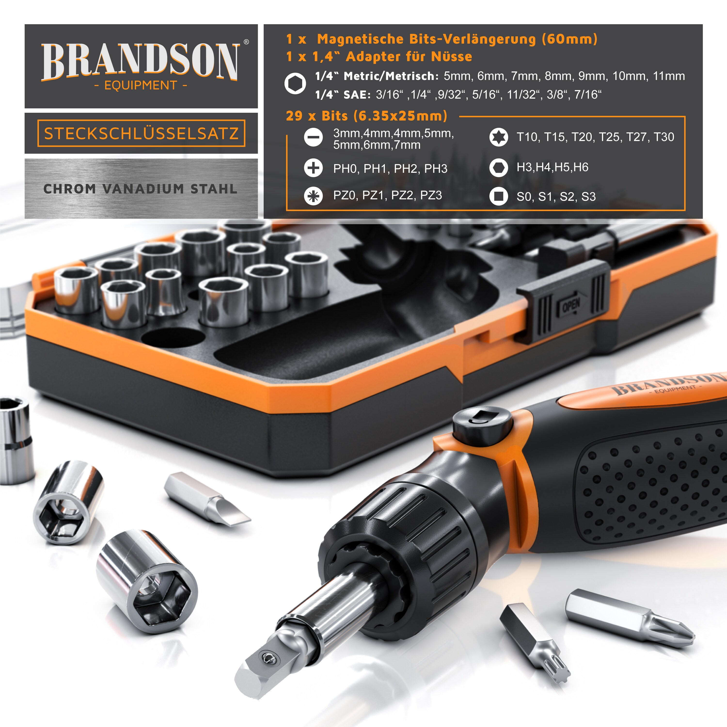 Brandson Steckschlüsselsatz - 46 teilig Werkzeug Kasten - Nüsse Set 14 Steckschlüssel - 29 Bits magnetischer Bithalter - Torx Innensechskant Schlitz