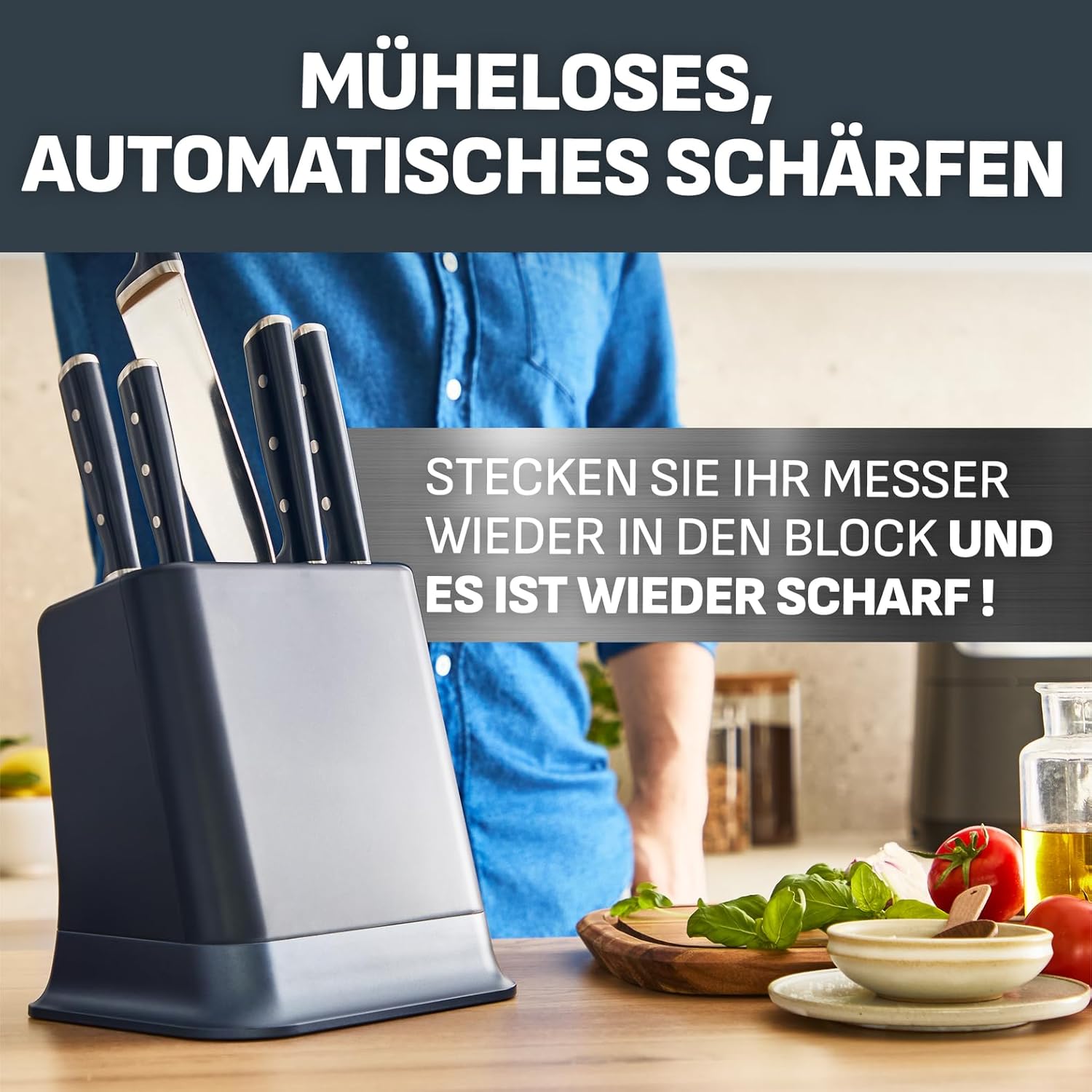 Tefal EverSharp Pro 6-teiliger Messer-Block, patentierte Schärftechnologie, selbstschärfender Messerblock, Verriegelungssystem, deutscher rostfreier Edelstahl, Blau, K297S744