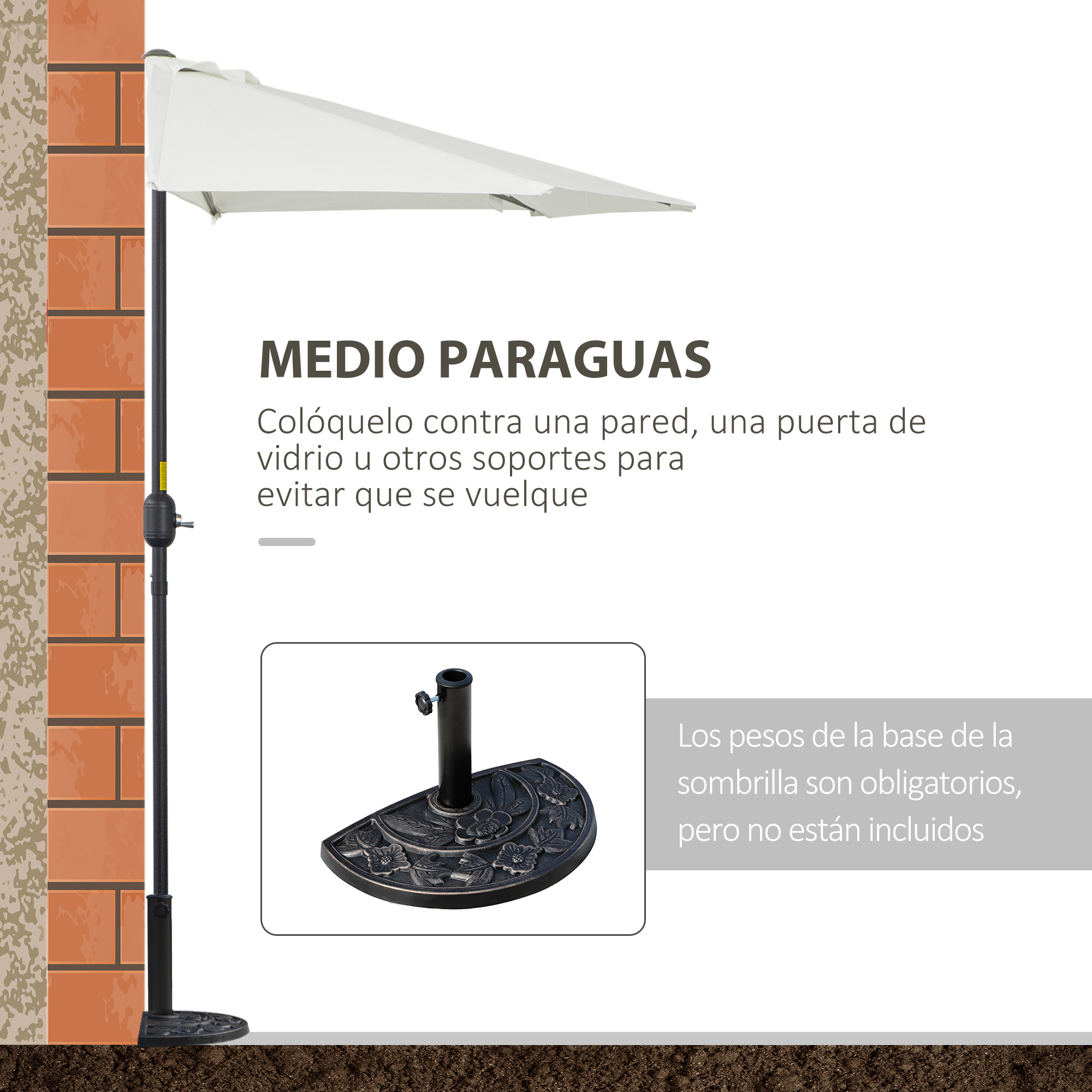 Guarda-sol Outsunny 269x138x236 cm para jardim, com manivela e formato semicircular, ideal para terraços, pátios e piscinas ao ar livre, na cor creme.