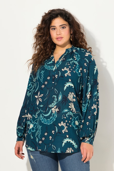 Bluse, Smok-Stehkragen, A-Linie, V-Ausschnitt, Langarm