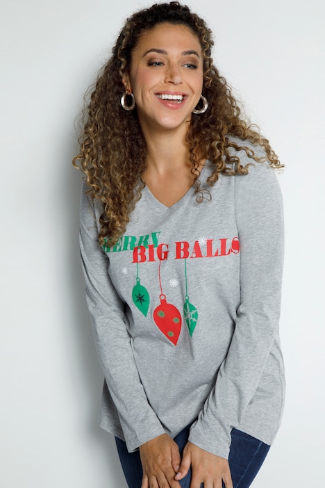 Shirt, Weihnachtsmotiv, Classic, V-Ausschnitt, Langarm