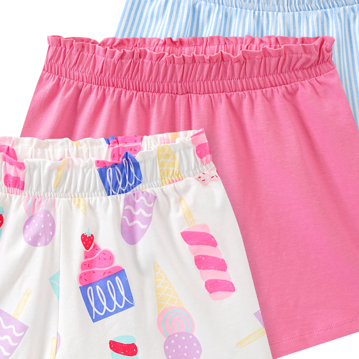 Famy 3 Mädchen Shorts mit bunten Motiven weiss / rosa / hellblau