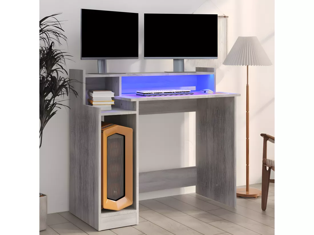 Bureau et lumières LED Sonoma gris 97x45x90cm Bois d'ingénierie