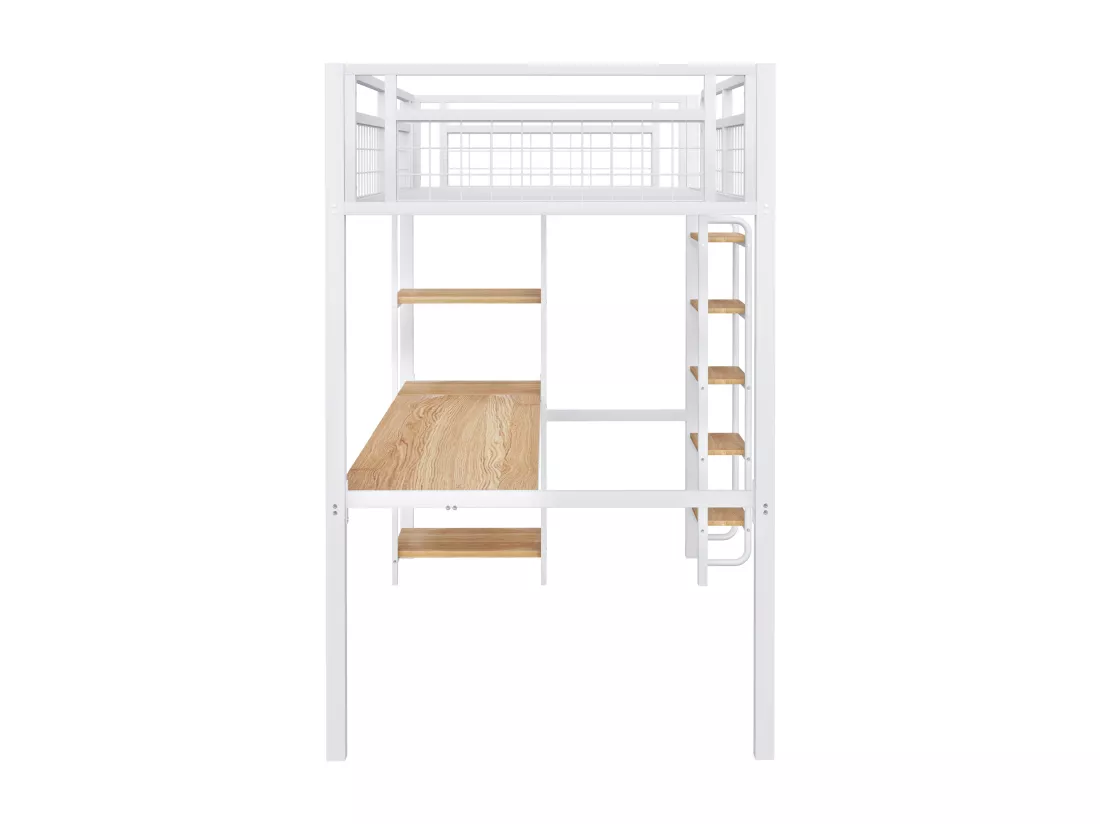 Lit mezzanine en métal 90x200 cm - avec bureau et échelle de sécurité - Blanc
