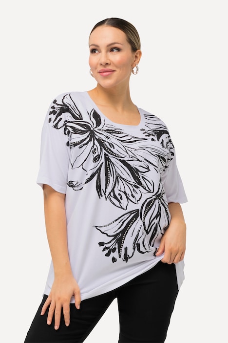 T-Shirt, Blütenmotiv, Rundhals, Halbarm