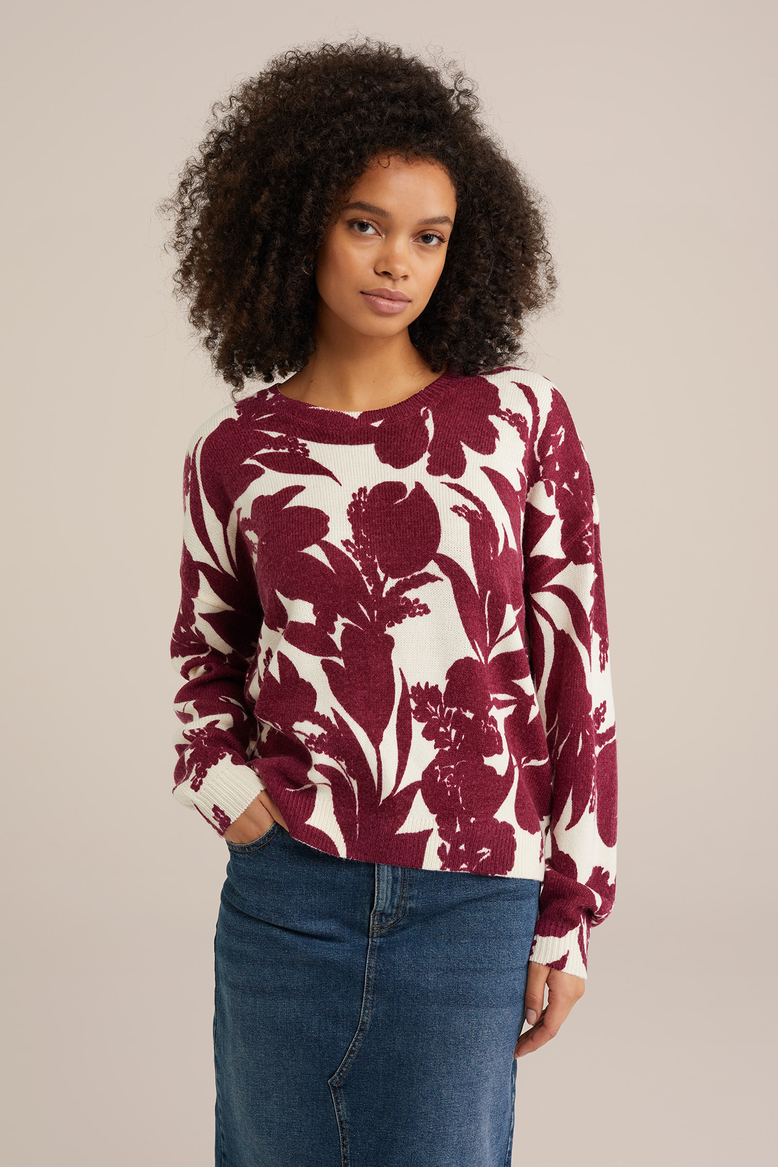 trui met dessin WE Fashion Donkerrood