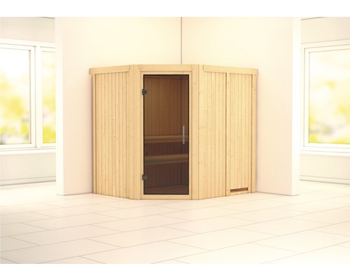 Karibu Siirina modulaire sauna zonder oven en dakrand, met grafietkleurige volledig glazen deur