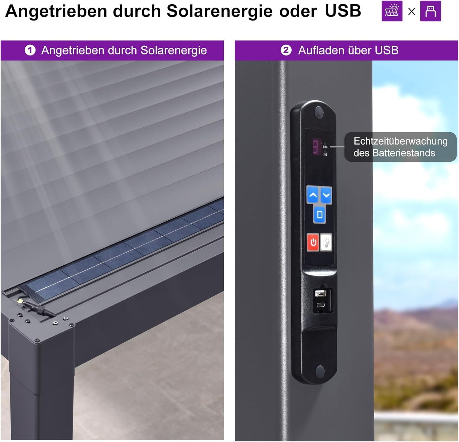 PURPLE LEAF Pergola 3 x 3.65 m mit Lamellendach Wasserdicht Stabil Winterfest Terrassenüberdachung Freistehend Lamellenpergola Verstellbaren Alu-Lamellen mit LED-Lichtleiste für Garten, Grau