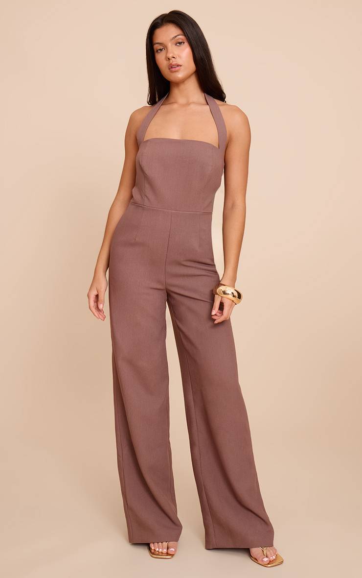 Chocolat Combinaison-pantalon Premium Tissée À Encolure Dos-nu Et Jambes Larges