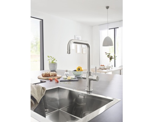 GROHE keukenkraan met belucht water, GROHE BLUE HOME supersteel mat 31456DC1
