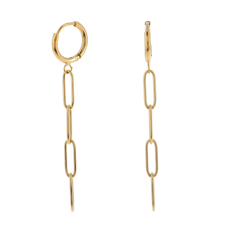 Boucles d'oreilles en acier dorées, petite créole avec chaîne maille pendante