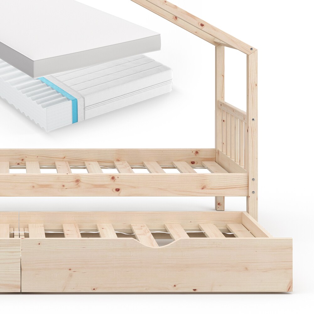 VitaliSpa Kinderbett Hausbett Gästebett Design Lattenrost 90x200 Matratze Natur