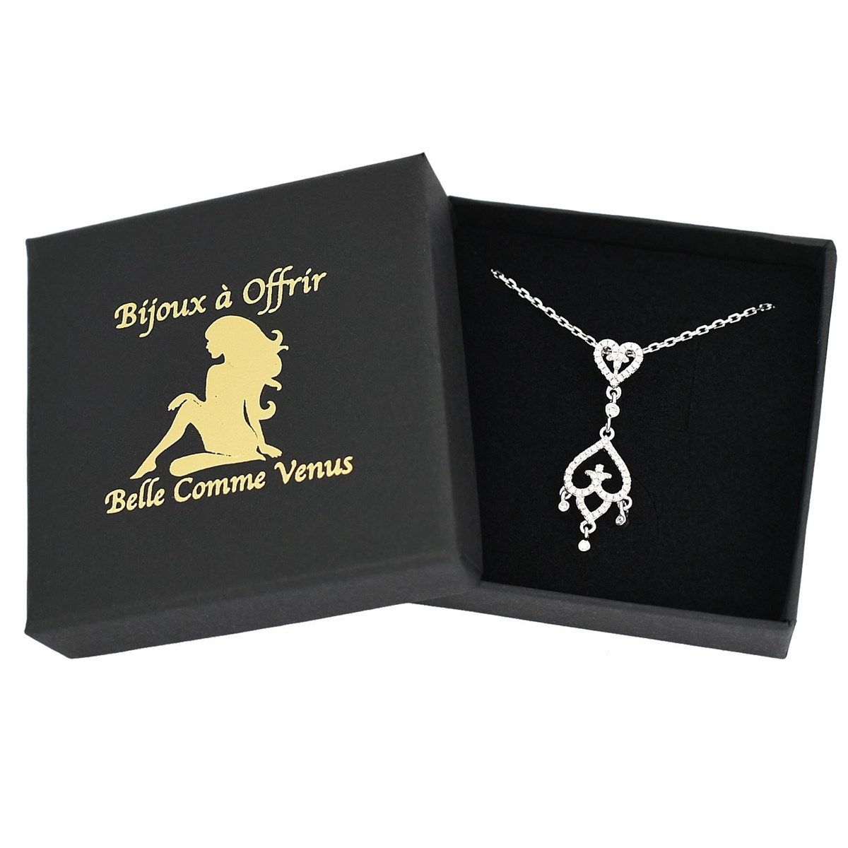 Collier 2 coeurs inversés sertis d'oxyde de zirconium pendant Argent 925 Rhodié