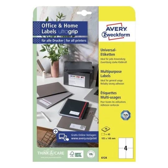 Avery 6124, Hvit, Rektangel, Permanent, 105 x 148, A4, Papir