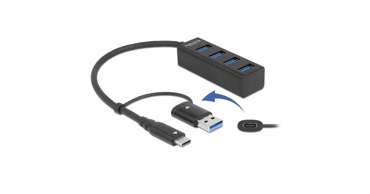 DeLOCK4-poorts USB 3.2 Gen 1 hub met USB Type-C of USB Type-A aansluiting usb-hub  (Zwart)