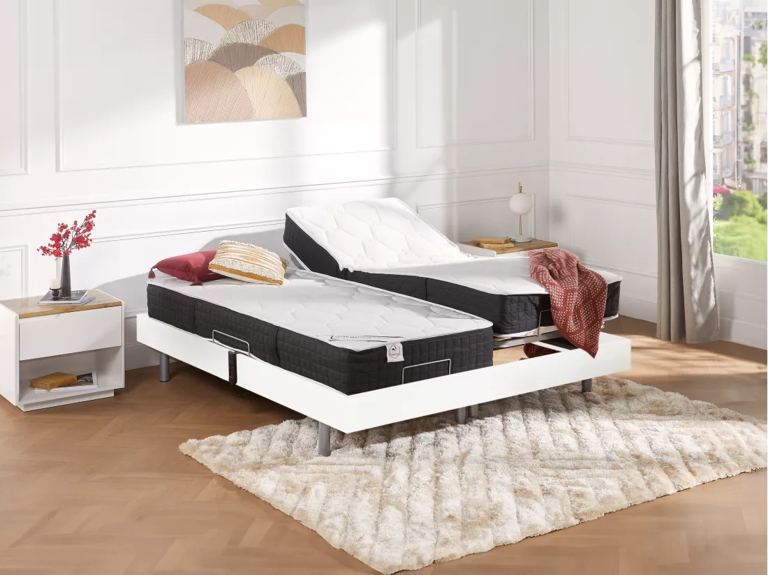 Lit électrique de relaxation tout plots + matelas ressorts ensachés et mémoire forme - 2 x 90 x 200 cm - Blanc - PHANES de YSMÉE