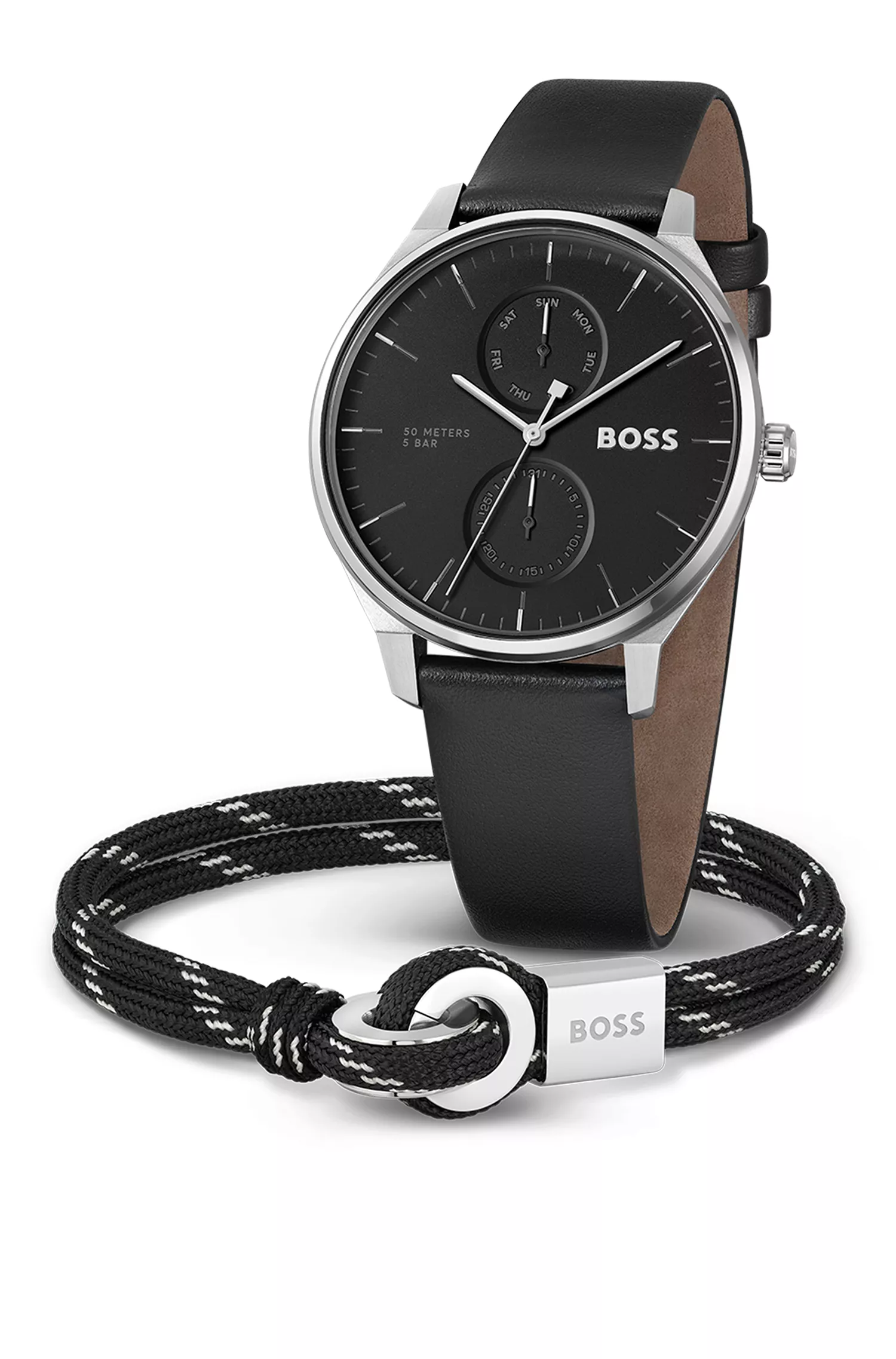Conjunto de relógio BOSS com mostrador preto e pulseira de cordão, em caixa de presente preta.