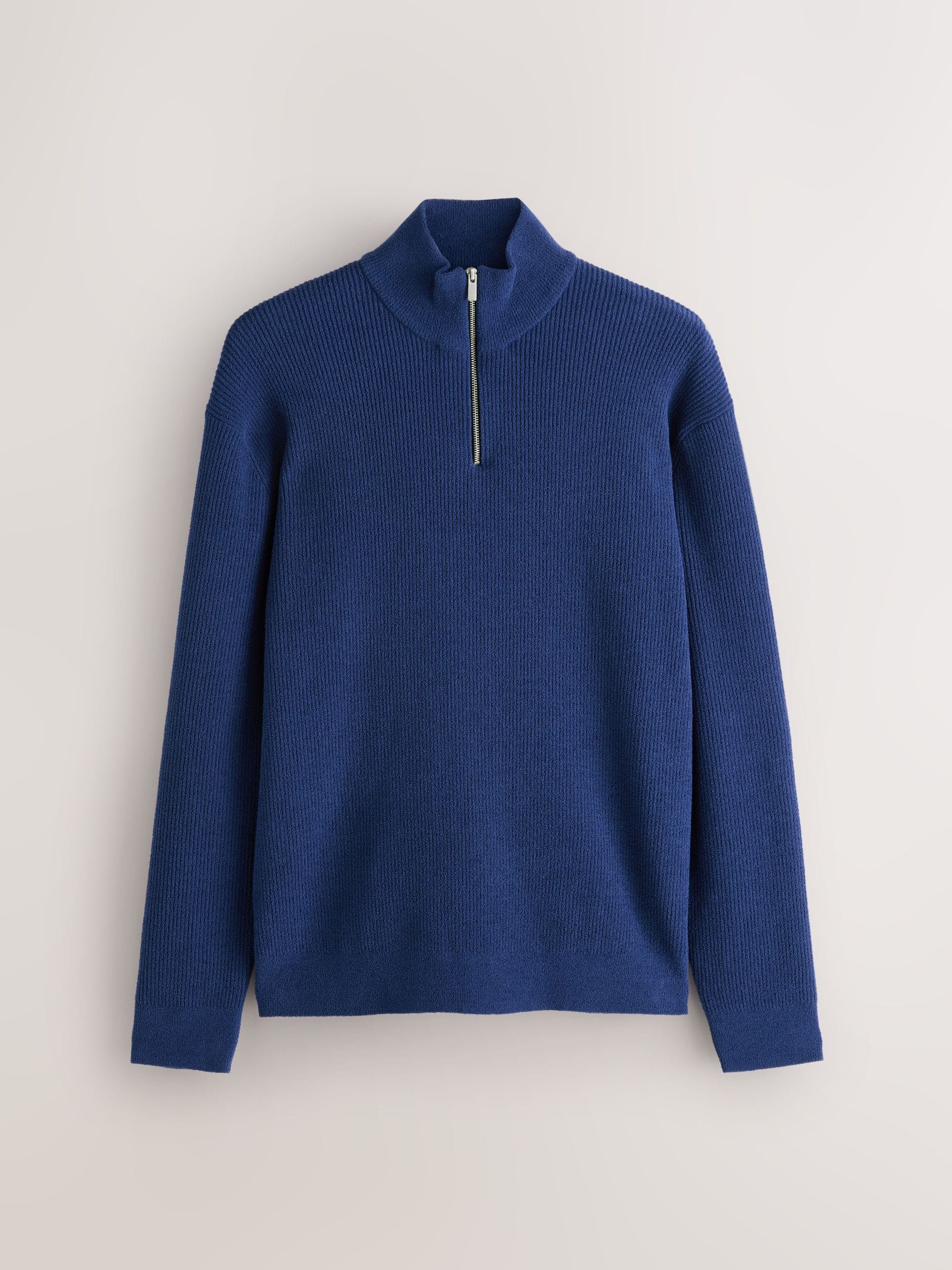 Donkerblauw - Regular fit geribde chenille trui met korte rits