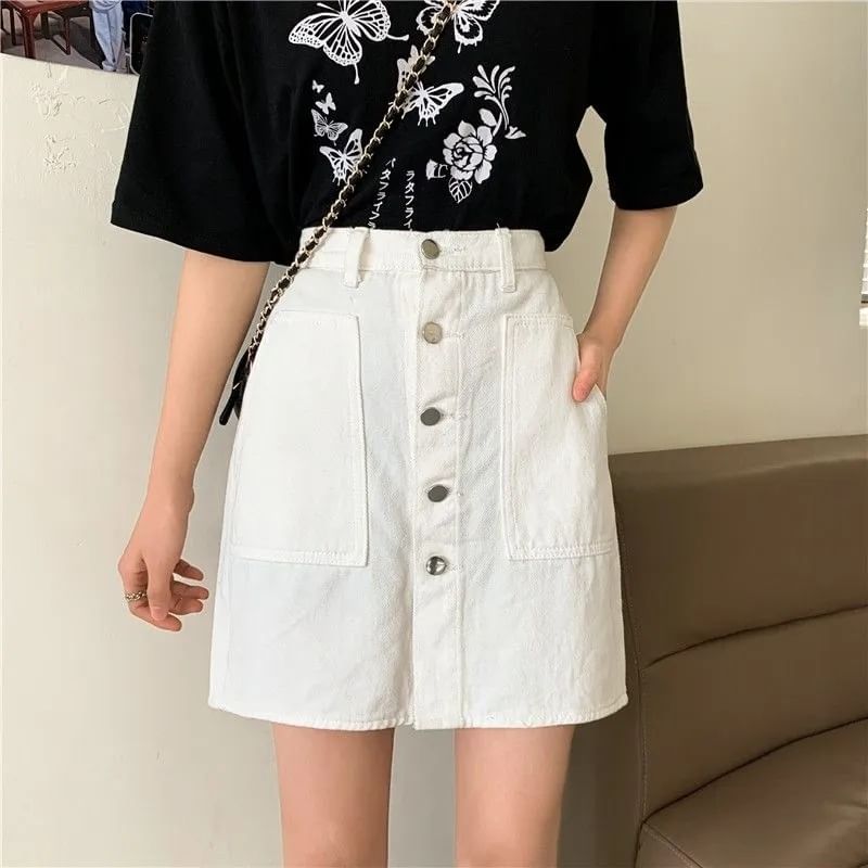 Coline - Hoge taille denim skort met knoopjes