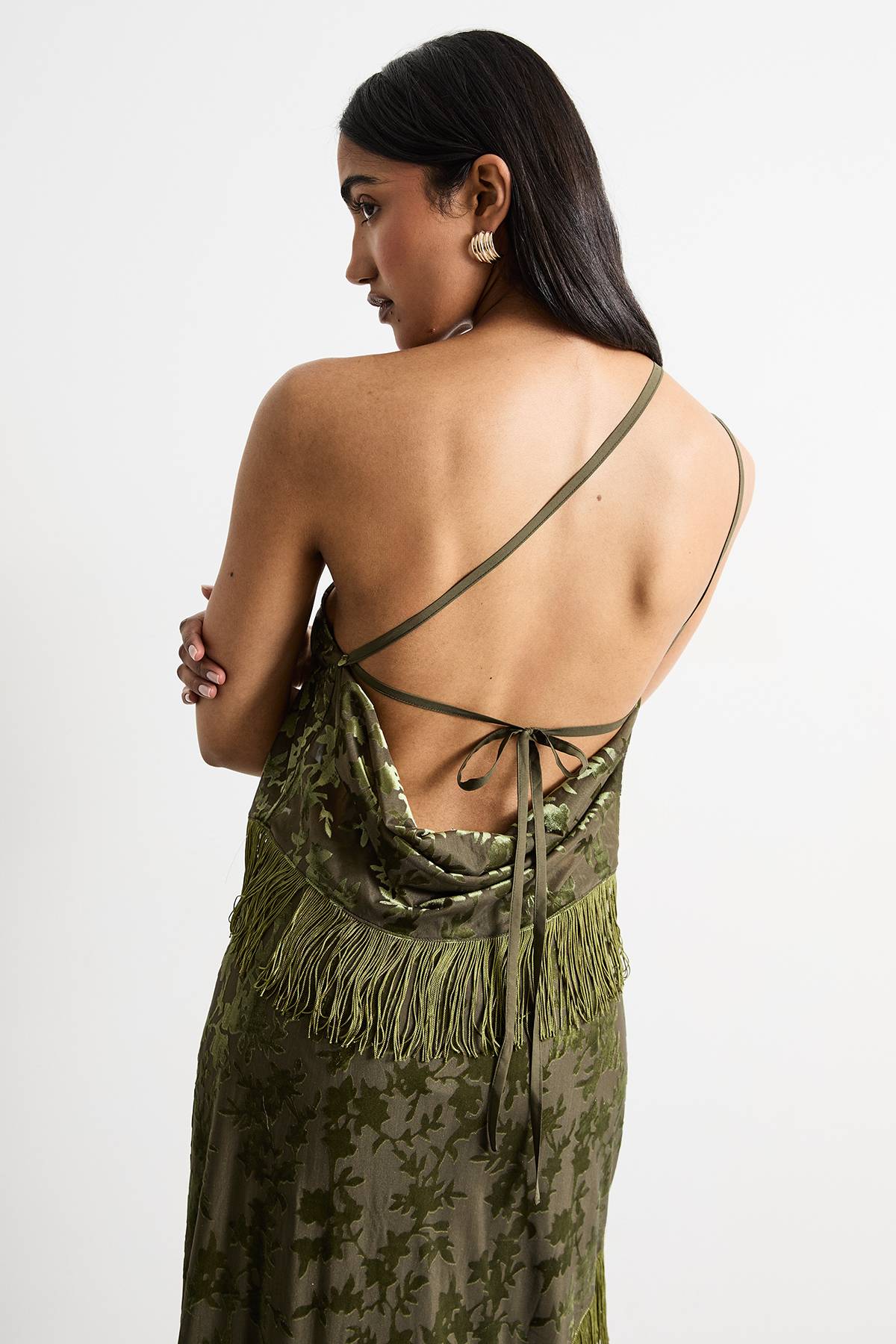 Warehouse Haut Camisole Dévoré à Une Épaule avec Franges