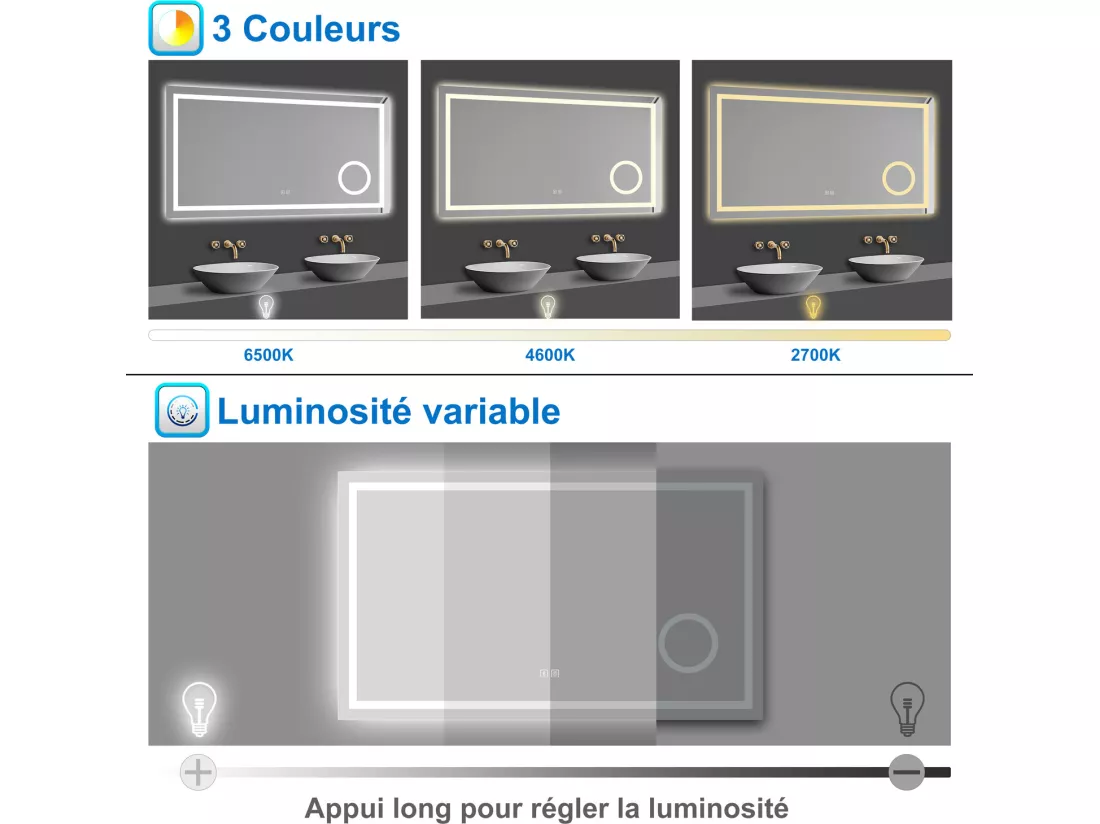 Miroir Lumineux avec Bluetooth 100 x 60cm, 3 Couleurs + Dimmable + Anti-buée + grossissant 3x，Mural Miroir Salle de Bain