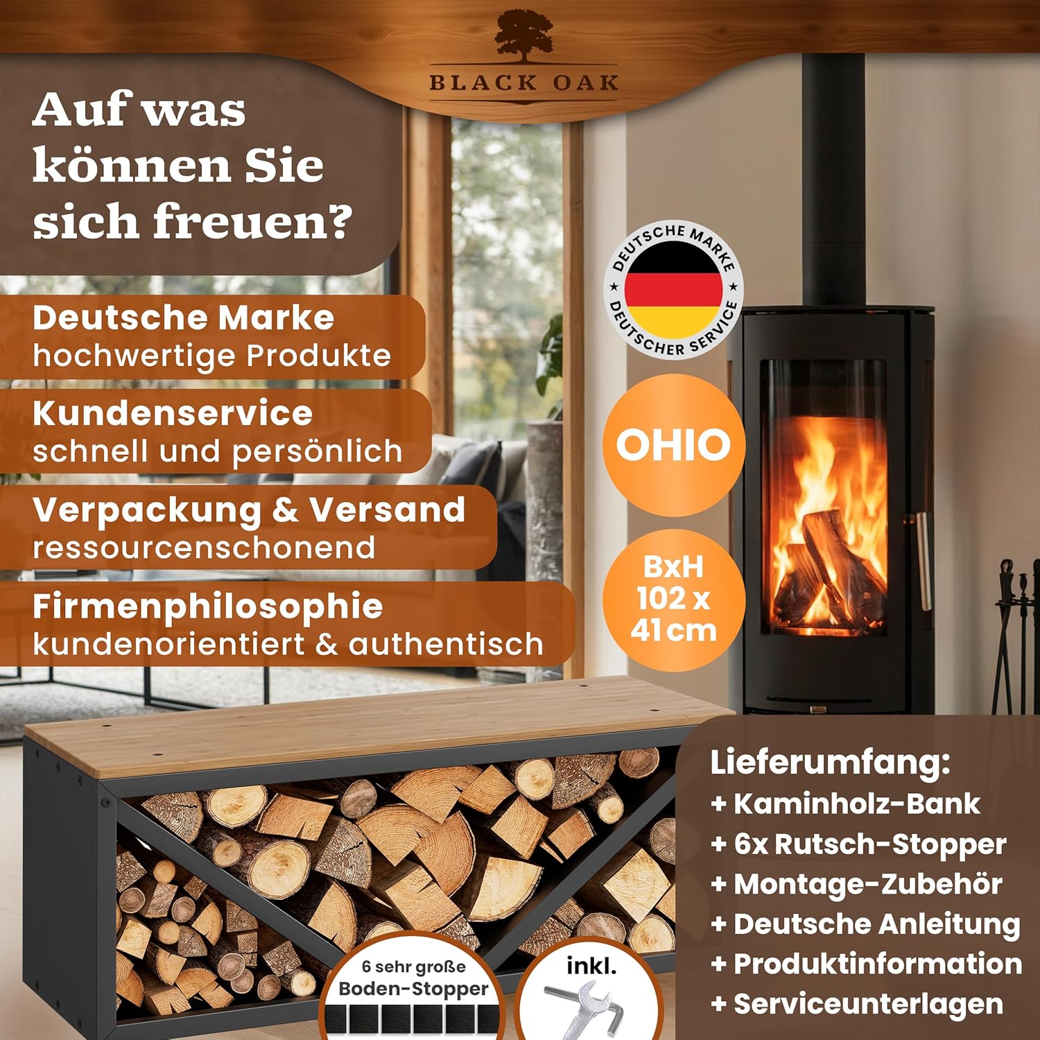 BLACK OAK Kaminholz Regal OHIO 102x41x35cm - Sitzbank für Brennholz Kaminholzregal für innen schwarz modern stabil Stahl + Holz - Metall pulverbeschichtet rostfrei Kaminholz-Sitzbank bis 400 kg Holz
