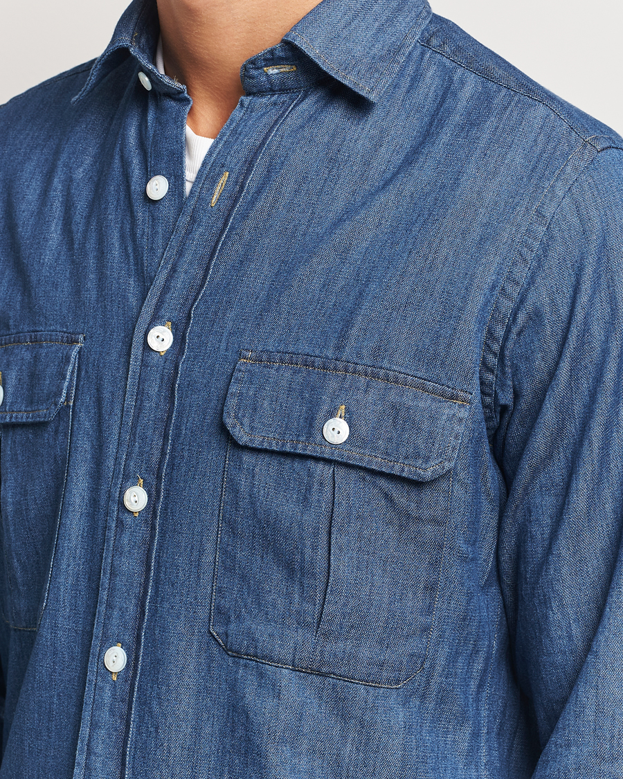 Drake's Denim Cotton Two Pocket Work Shirt Blue