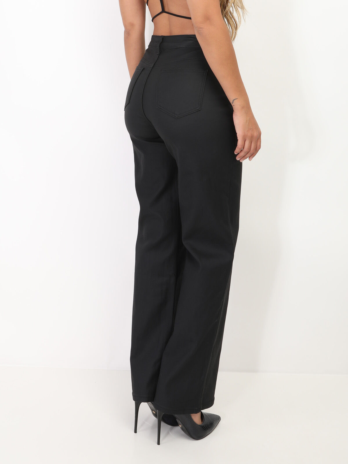 Pantalon droit enduit- Noir