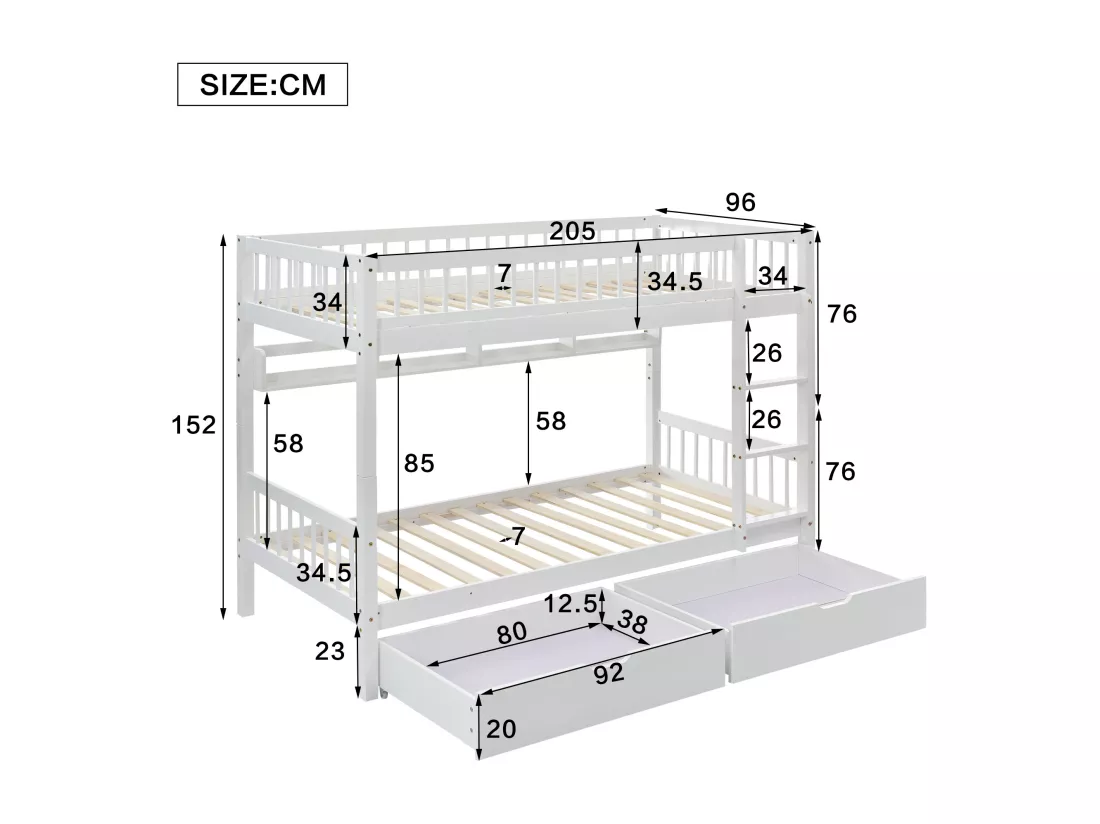 Lits superposés amovible 2 x 90 x 200 cm en bois MDF et pin - 2 tiroirs et étagère de rangement - Blanc