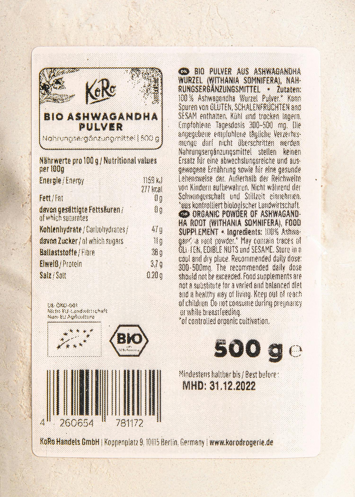 Bio Ashwagandha Pulver 500 g