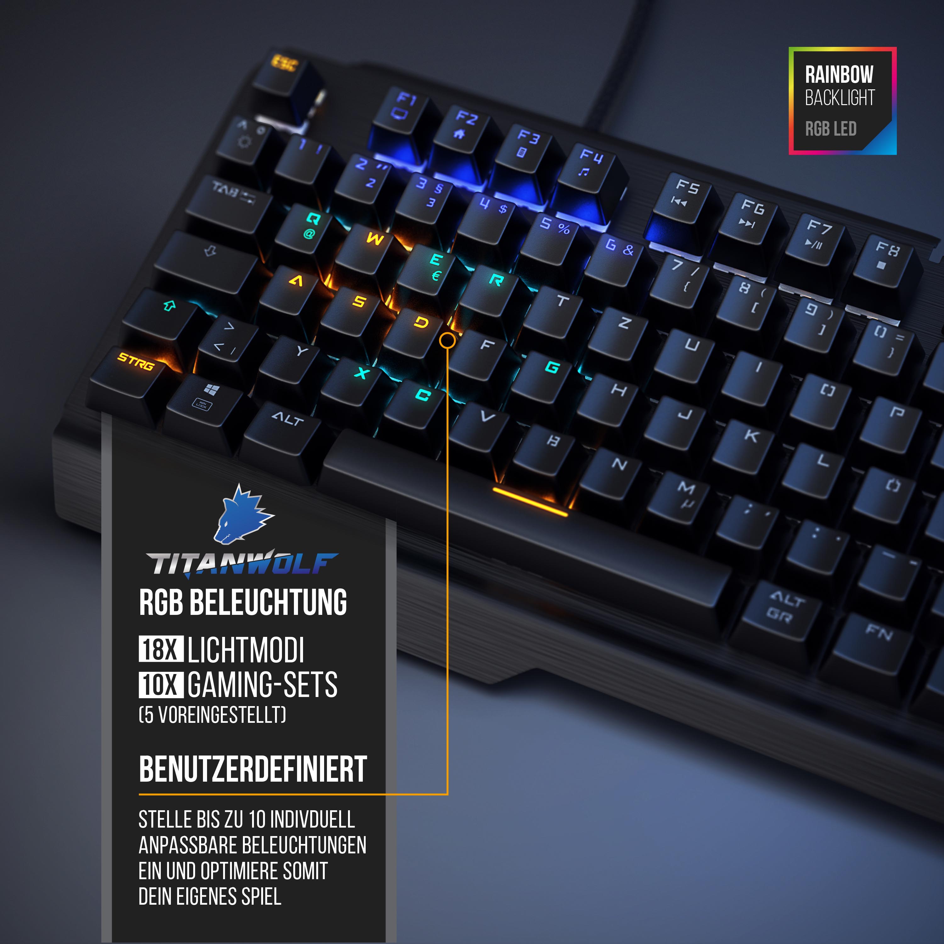 Titanwolf Gaming-Tastatur, mechanisches Keyboard, Anti-Ghosting, Kailh Blue, LED-Beleuchtung