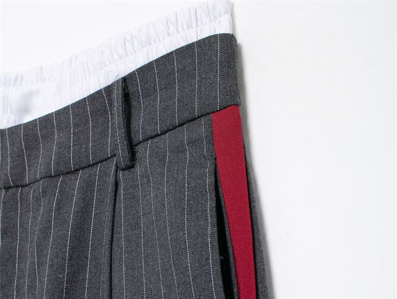 Bazer - Hoge taille krijtstreep nep tweedelige wijde broek