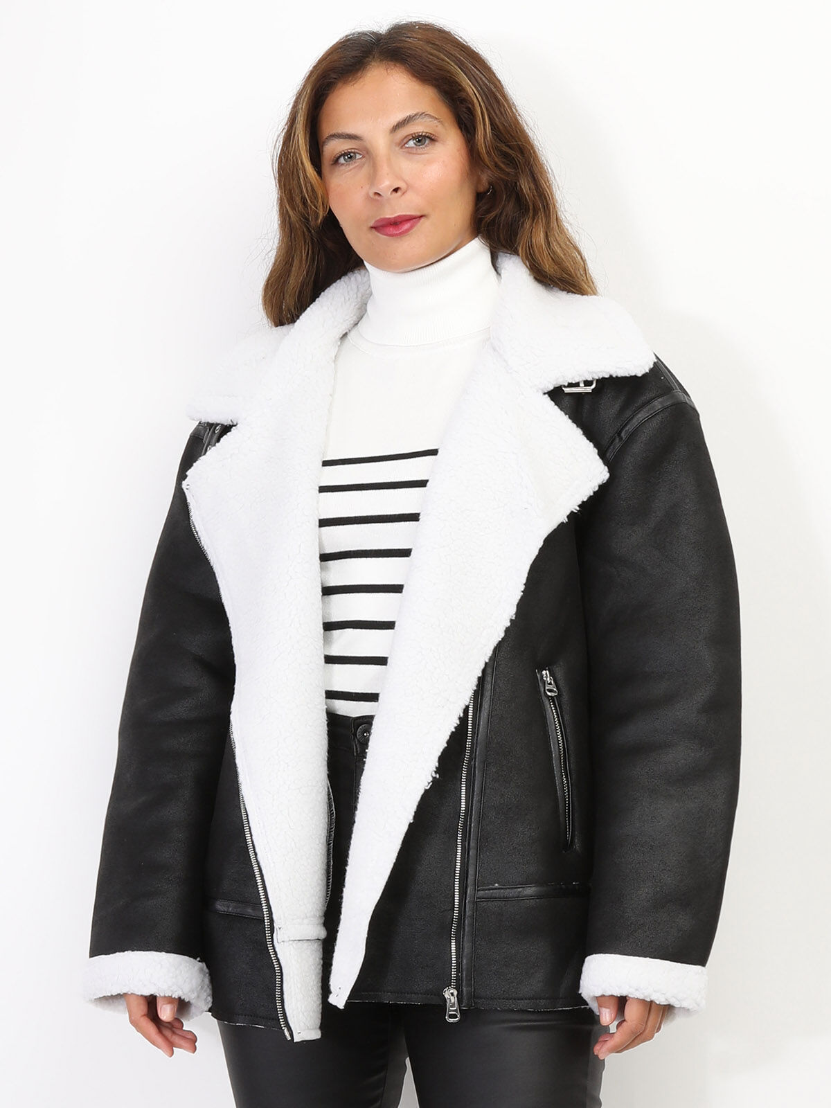 Blouson aviateur en simili moutonné- Noir et Blanc